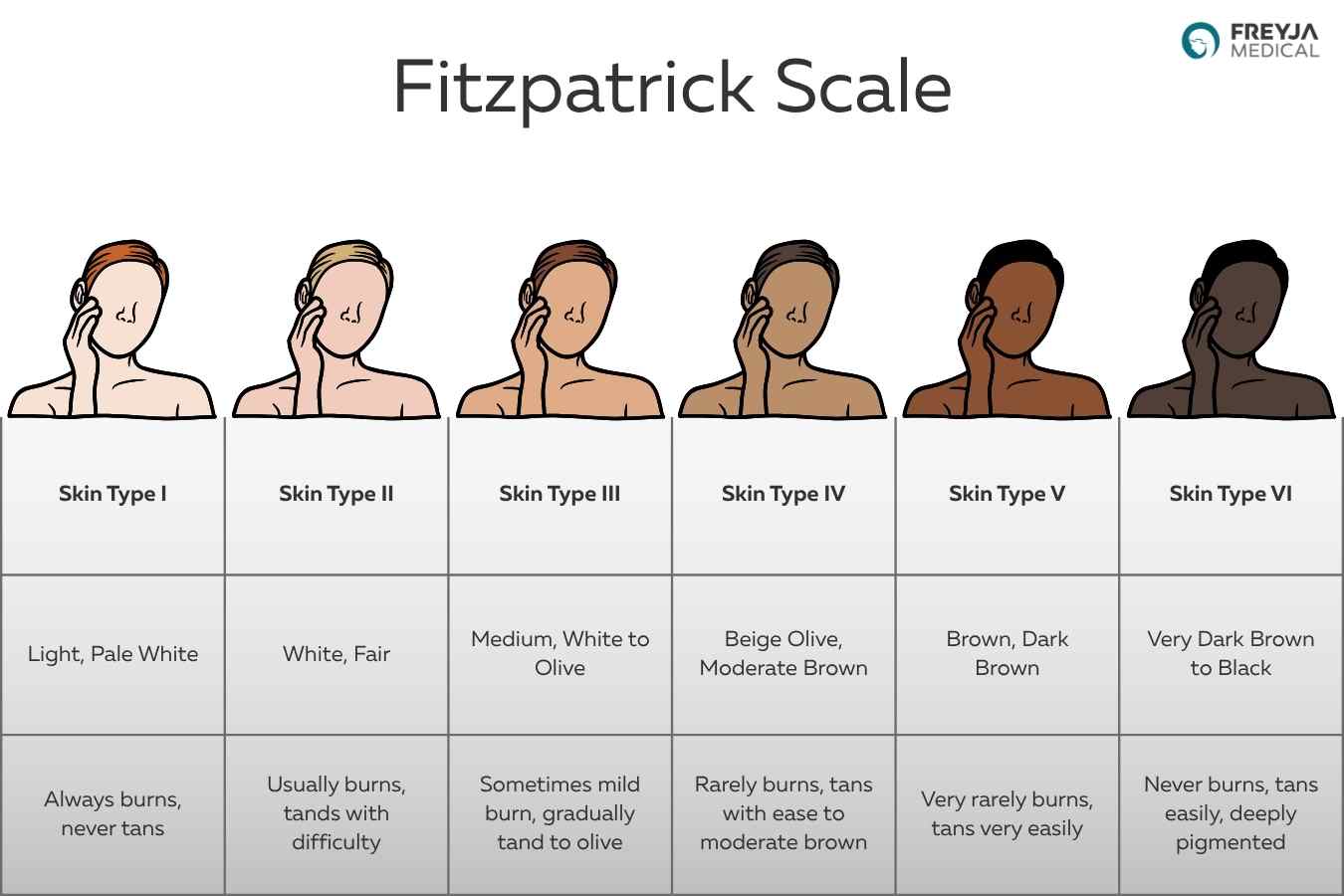 Fitzpatrick scale chart showing six skin types from very fair to very dark with sun response characteristics